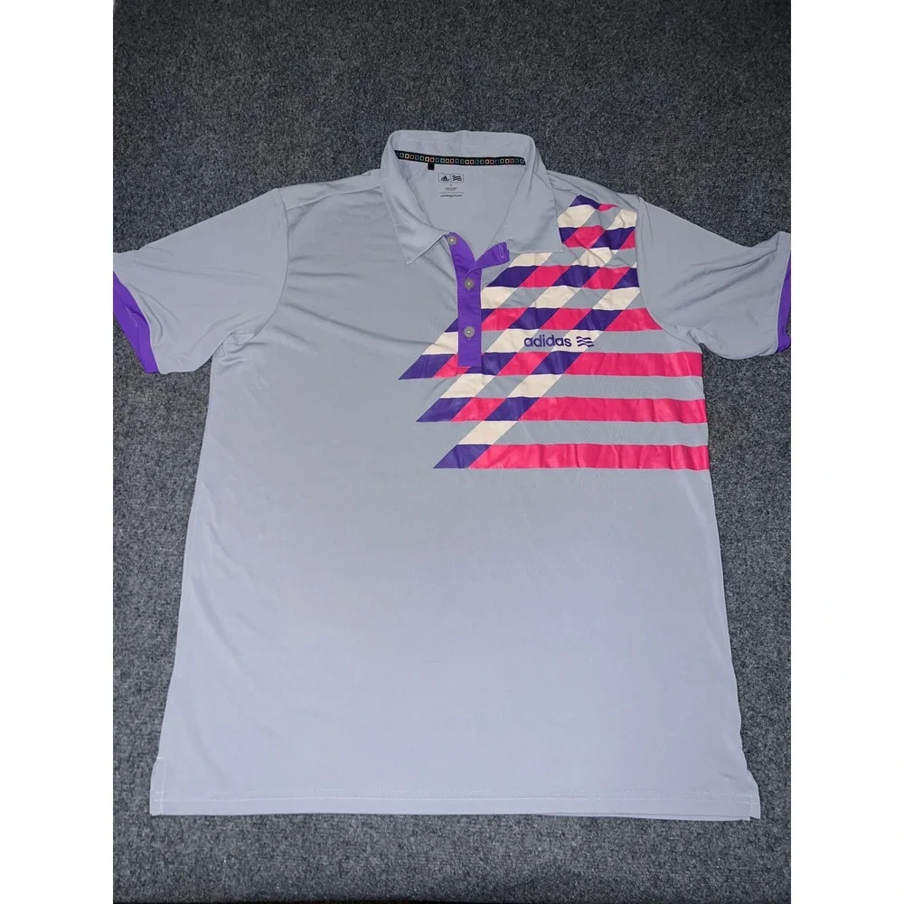 Adidas Golf Mens Large Polo Shirt Gray Pink Purple Graphic Performance RN 88387